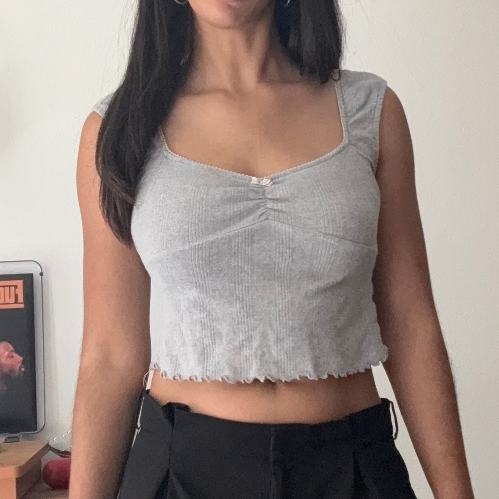 Out From Under Urban Outfitters Grey Ribbed Lace Trim Bow Crop Top M